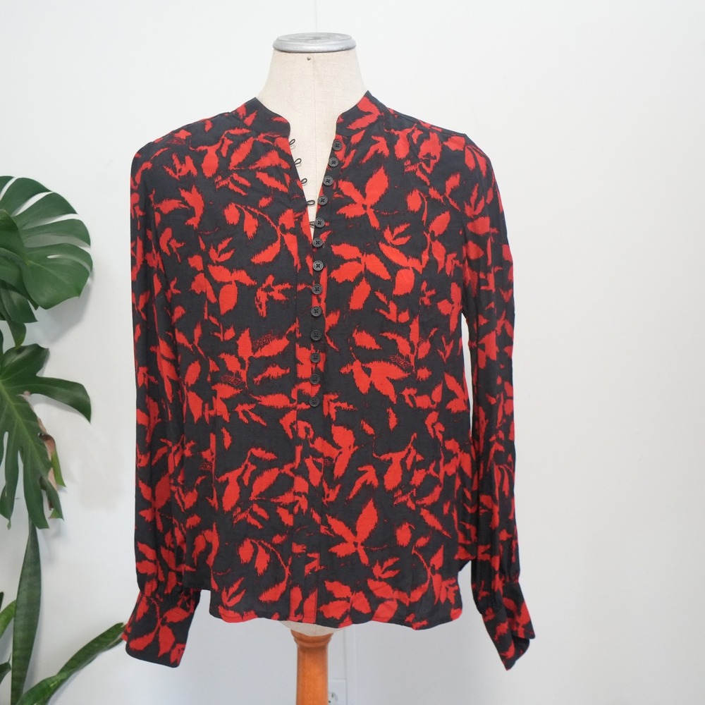 Zadig & Voltaire‎ Twina Soft Ikat Blouse Womens Large Red Black Button Front Top